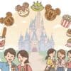 東京ディズニーランドで食べ歩きを楽しむカップルと友人たち、シンデレラ城とパークフードのイラスト。