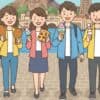 東京ディズニーシーの食べ歩きグルメを楽しむ日本人のイラスト