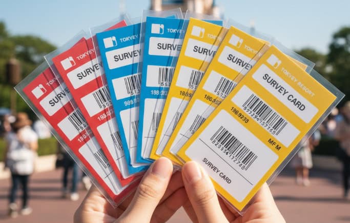 東京ディズニーリゾートの城を背景に、赤、青、黄色の複数の色の調査カードを扇状に広げて持っている様子。