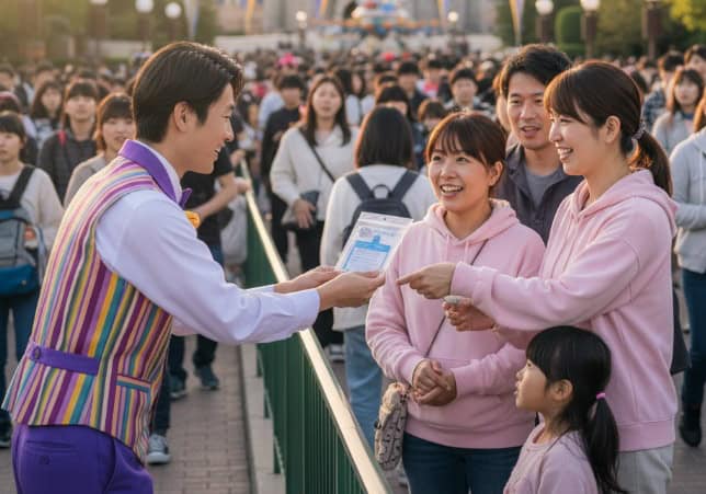 東京ディズニーリゾートでキャストが家族連れのゲストに調査カードを渡している場面。多くのゲストで賑わうパーク内の様子。