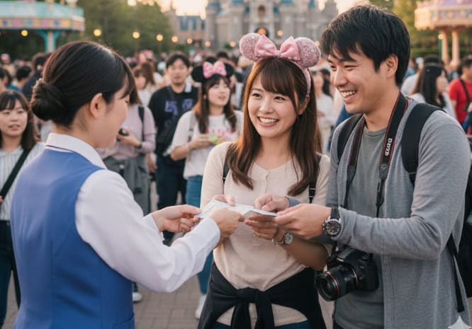 東京ディズニーリゾートで、笑顔のカップルがキャストから調査カードを受け取っている様子。周りには楽しそうな他のゲストも見える。