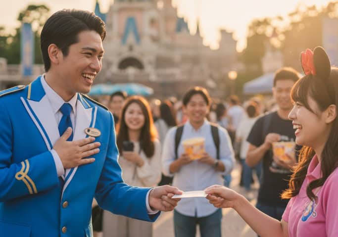 東京ディズニーリゾートで、ゲストが笑顔でキャストに調査カードを返却し、キャストが感謝の意を表している場面。背景には美しいパークの風景が広がる。
