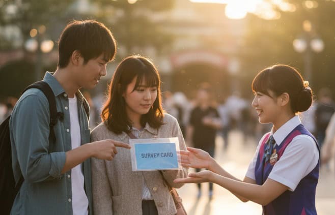東京ディズニーリゾートで、渡し忘れた調査カードをゲストが近くのキャストに説明しながら返却している様子。キャストは笑顔で対応している。