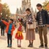 10月のディズニーランドで、秋らしい装飾とシンデレラ城を背景に、笑顔でパークを楽しむ日本の家族。両親と子供二人が指をさし、明るい雰囲気で遠くを見つめている。