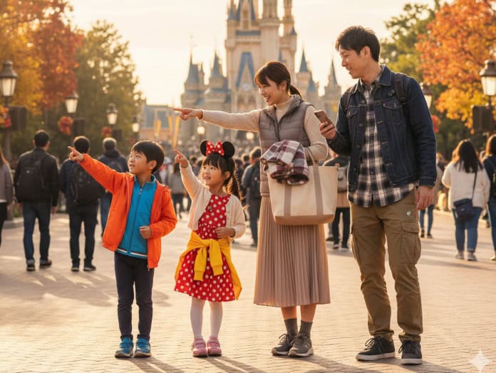 10月のディズニーランドで、秋らしい装飾とシンデレラ城を背景に、笑顔でパークを楽しむ日本の家族。両親と子供二人が指をさし、明るい雰囲気で遠くを見つめている。