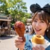 東京ディズニーリゾートでテリヤキチキンレッグとチキンロールを持って楽しむ日本人女性