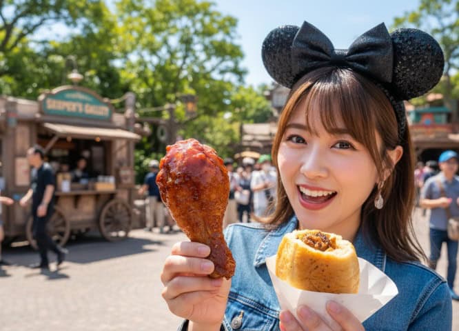 東京ディズニーリゾートでテリヤキチキンレッグとチキンロールを持って楽しむ日本人女性