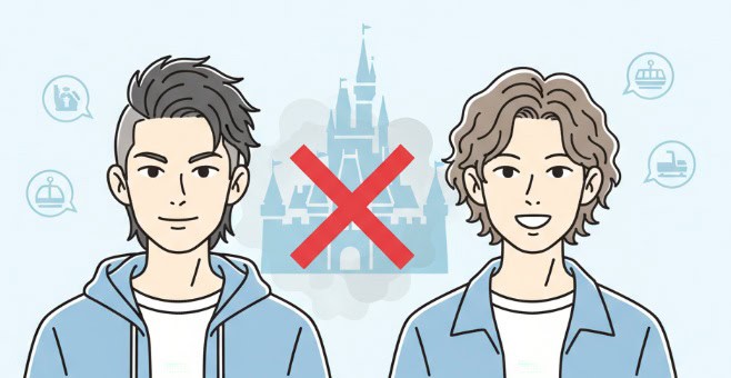 ツーブロックやパーマの髪型について説明する、日本人男性のシンプルなイラスト。