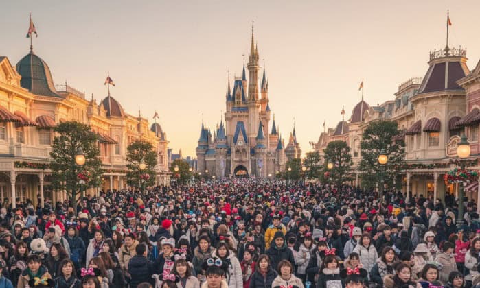 年末年始の東京ディズニーランドの開園前、シンデレラ城へ向かうメインストリートが多くの日本人ゲストで埋め尽くされ、混雑している様子