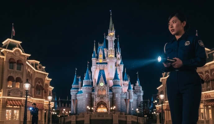 夜のディズニーランドで懐中電灯を持って警備する日本のキャスト