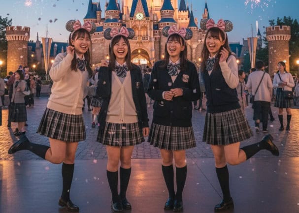 東京ディズニーリゾートのシンデレラ城前で制服を着てポーズを取る4人の日本人女性たち。夕暮れ時で、花火が上がっており、笑顔で楽しんでいる様子が伝わる。