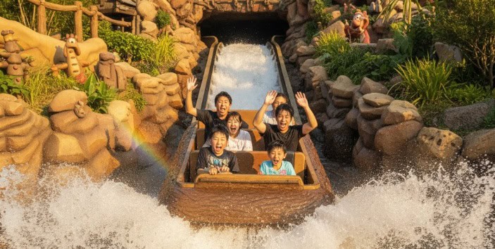  スプラッシュ・マウンテンの丸太のボートに乗った若い日本人グループが、水しぶきを上げながら急降下する様子