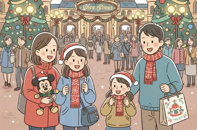クリスマスツリーやオーナメントで飾られたディズニーランドのエントランスで、クリスマスグッズを手に楽しんでいる日本人家族のイラスト