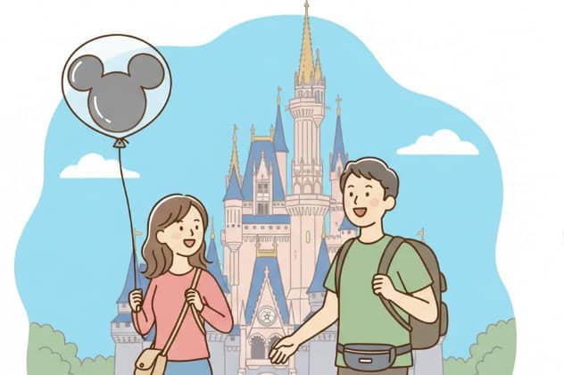 荷物を少なくしてディズニーを楽しむ日本人カップル