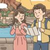 ディズニーシーでギョウザドッグの場所を探す日本人カップル