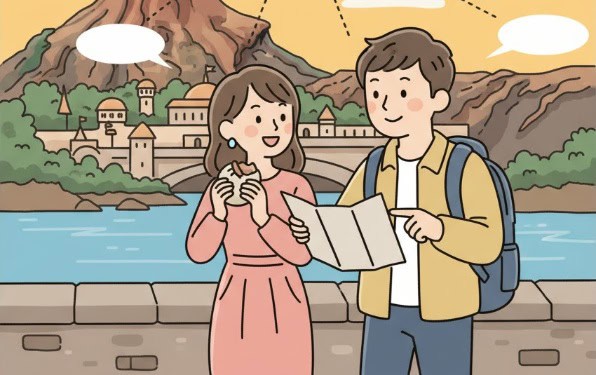 ディズニーシーでギョウザドッグの場所を探す日本人カップル
