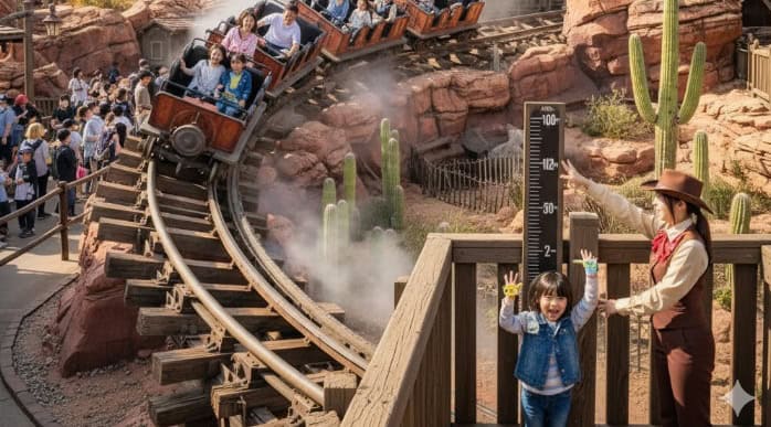 東京ディズニーランドの人気アトラクション「ビッグサンダー・マウンテン」の前に立つキャストと、身長計で身長を測る子供。アトラクションに乗っている家族連れが笑顔で通過している。