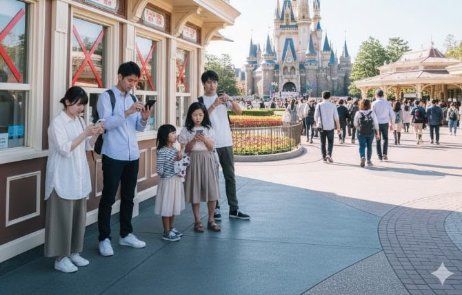 ディズニーリゾートのチケットブースが閉鎖されている様子。家族連れがスマートフォンで情報を見ている。