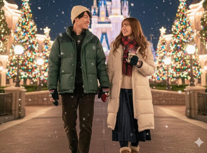 雪が舞う冬の夜のディズニーランドで、暖かそうなダウンジャケットを着て手をつなぎ、笑顔で見つめ合う日本人カップル。背景にはライトアップされたシンデレラ城とクリスマスツリーが輝いている。