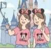 自撮り棒を使ってディズニーランドで写真を撮る女性たち