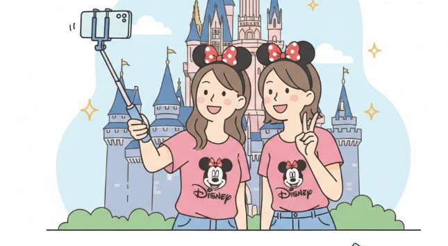 自撮り棒を使ってディズニーランドで写真を撮る女性たち