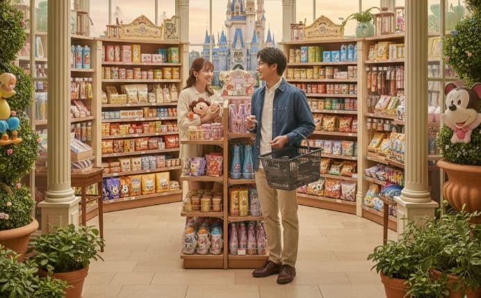 ディズニーランドホテルのルッキンググラス・ギフトで買い物をするアジア人カップル。