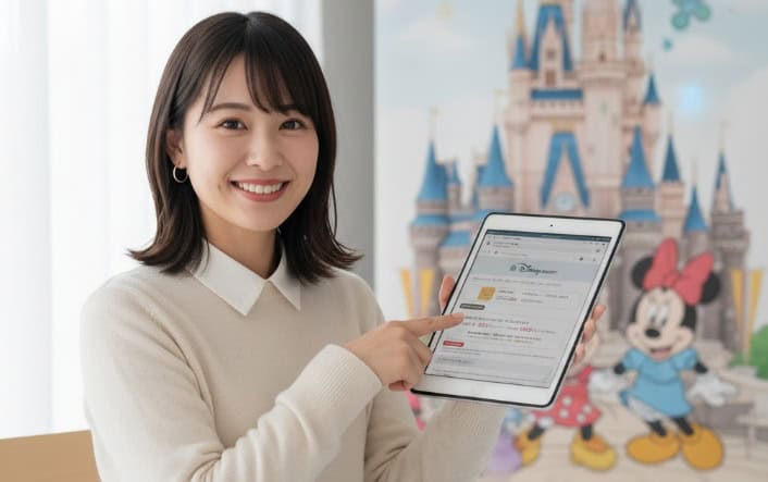 ディズニーチケットの購入方法をタブレットで解説する若い日本人女性。背景にはディズニーのお城とキャラクターのイラストがあり、楽しい雰囲気。