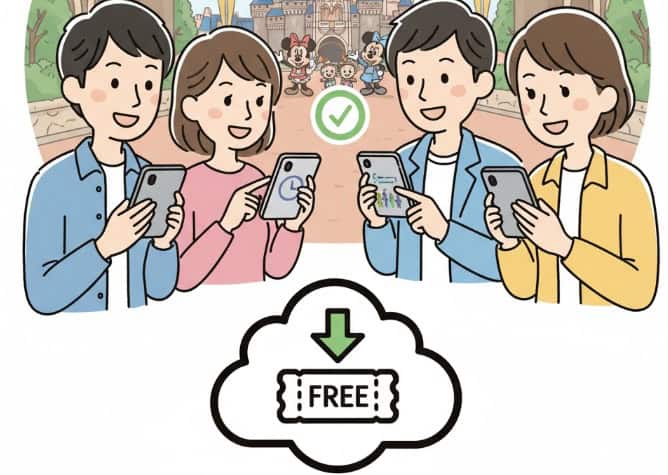 スタンバイパスを利用してディズニーリゾートを楽しむ人々のイラスト。