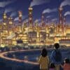 工場の夜景が広がる幻想的な風景のイラスト