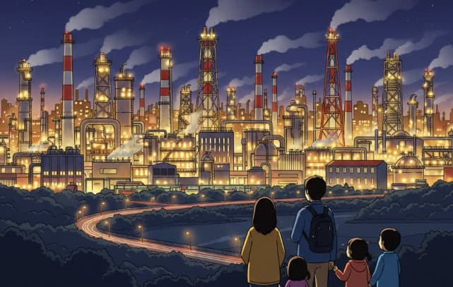 工場の夜景が広がる幻想的な風景のイラスト