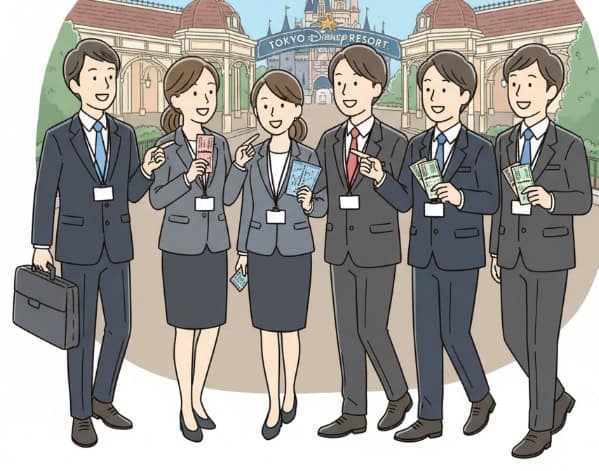 職場の同僚と楽しそうにディズニーリゾートを訪れる人々のイラスト