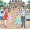 夏らしい軽やかな服装でディズニーを楽しむ人々のイラスト