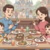 上海ディズニーランドのレストランでランチを楽しむ人々のイラスト