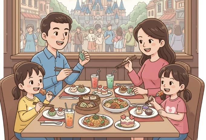 上海ディズニーランドのレストランでランチを楽しむ人々のイラスト