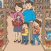 香港ディズニーランドのお土産売り場で買い物を楽しむ人々のイラスト