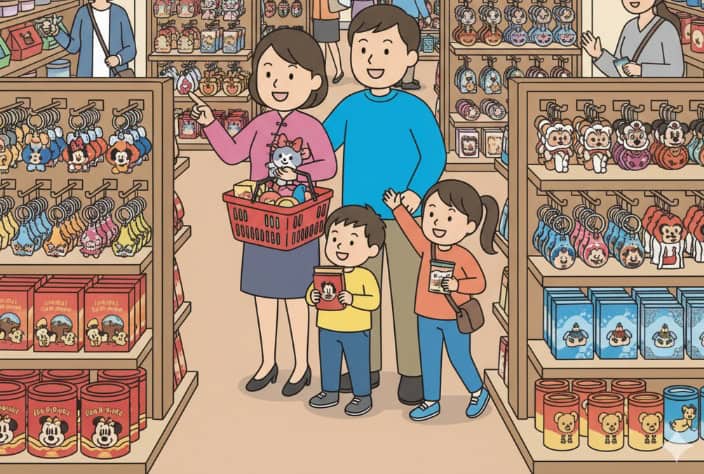 香港ディズニーランドのお土産売り場で買い物を楽しむ人々のイラスト