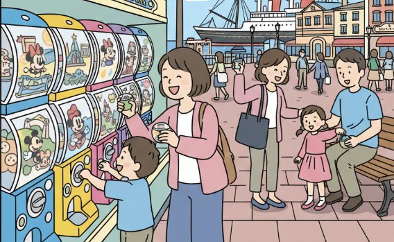 ディズニーシーでカプセルトイを楽しむ人々のイラスト