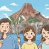 様々なフレーバーのチュロスを片手にディズニーシーを楽しむ人々のイラスト