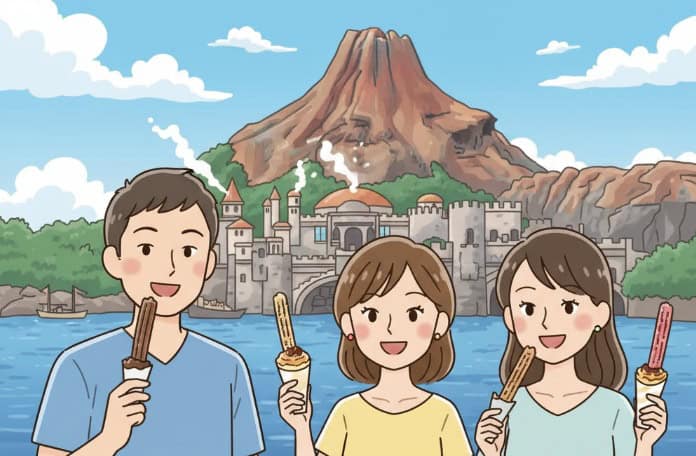 様々なフレーバーのチュロスを片手にディズニーシーを楽しむ人々のイラスト