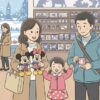 ディズニーストア札幌ステラプレイス店でショッピングを楽しむ家族のイラスト