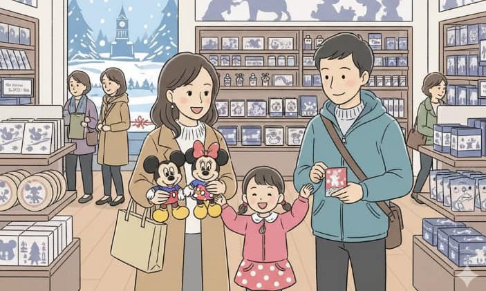 ディズニーストア札幌ステラプレイス店でショッピングを楽しむ家族のイラスト