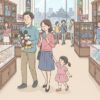 名古屋のディズニーストアでショッピングを楽しむ家族のイラスト