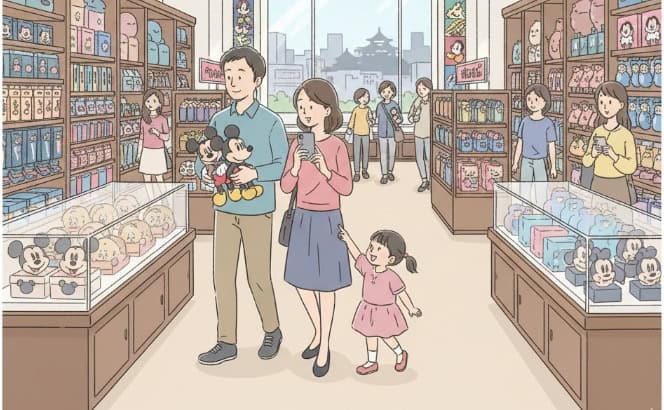 名古屋のディズニーストアでショッピングを楽しむ家族のイラスト