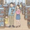 横浜のディズニーストアでショッピングを楽しむ家族のイラスト