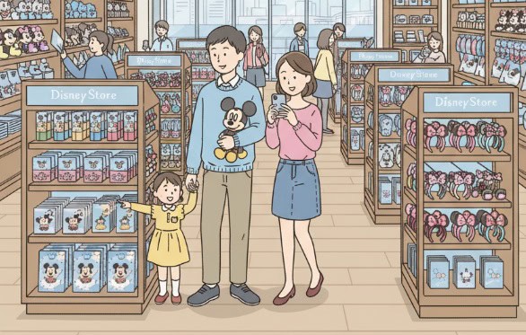 横浜のディズニーストアでショッピングを楽しむ家族のイラスト