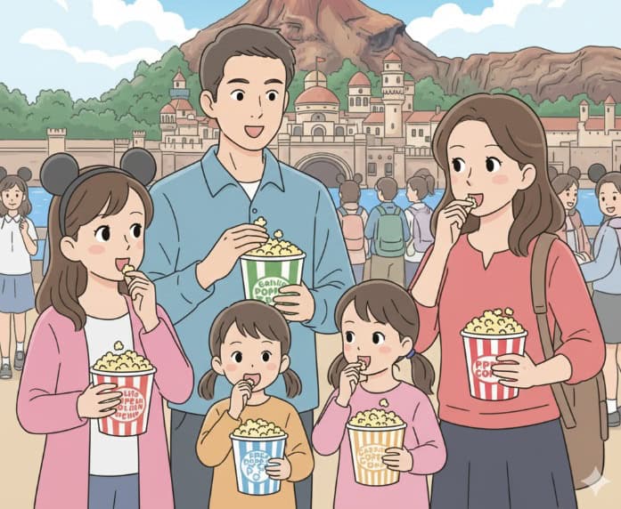 東京ディズニーシーでポップコーンを手に楽しむ人々のイラスト