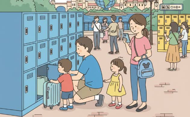 東京ディズニーシーのコインロッカーを利用する家族のイラスト