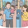 ディズニーランドで再入場のために手を認証する人々のイラスト