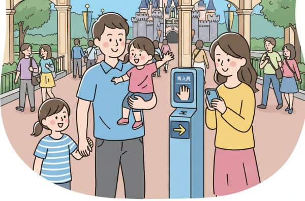ディズニーランドで再入場のために手を認証する人々のイラスト