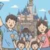 東京ディズニーリゾートの紙チケットを持つ人々のイラスト